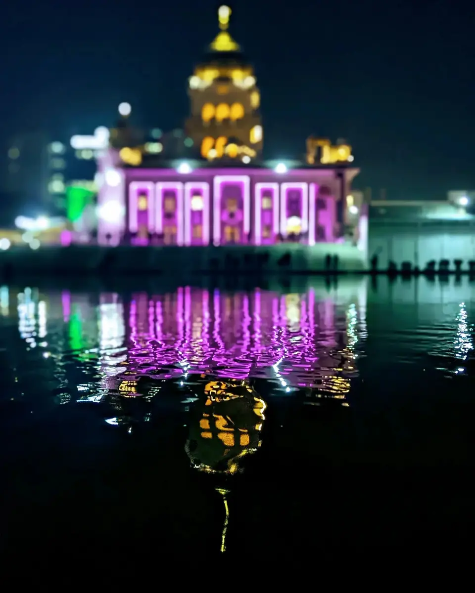 Sat Sri Akal — a Delhi gurudwara glowing after dark.
